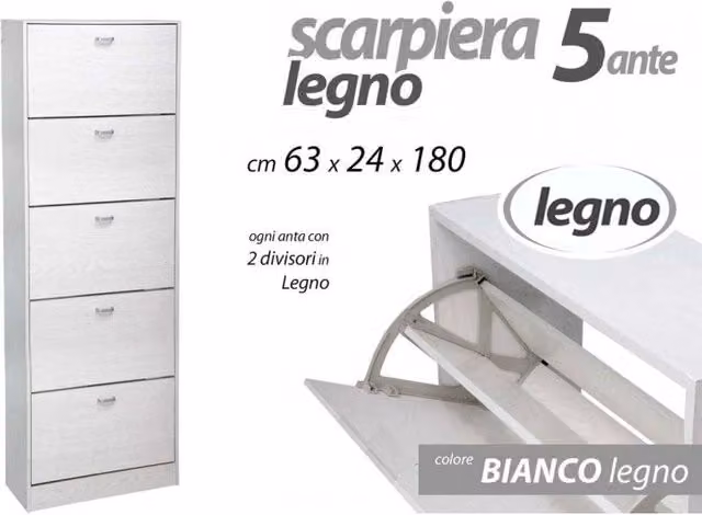 Scarpiera bianca IPERBRIKO con 5 ante a ribalta, design moderno, L: 63 cm, P: 24 cm, H: 180 cm