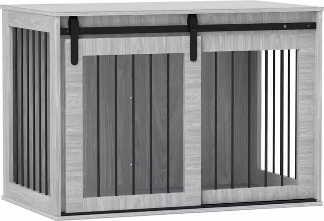 PawHut Box per cani con porta scorrevole e ventilazione in truciolato e acciaio, L: 98 cm, P: 58 cm, H: 61 cm, Grigio, Aosom
