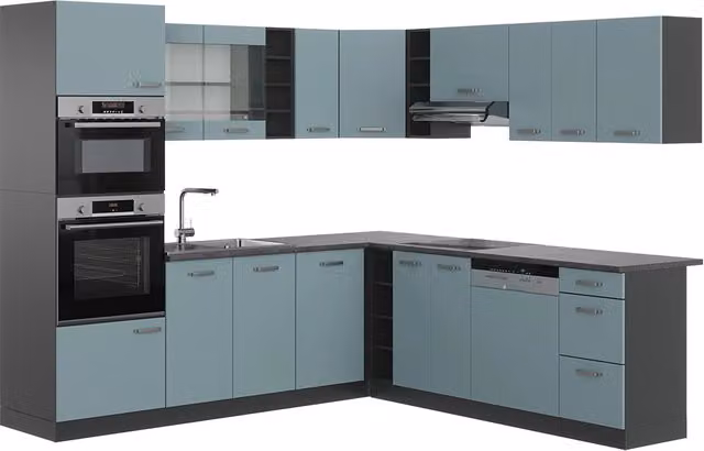 Cucina angolare moderna Vicco R-Line in legno e metallo, colore Grigio-blu/Antracite opaco, L 247 cm x P 237 cm, senza piano di lavoro