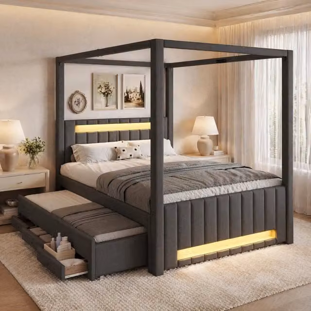 Letto a baldacchino moderno REDOM in tessuto grigio e legno con cassetti e illuminazione LED L/P/H: 211.8 x 141.5 x 186.0 cm