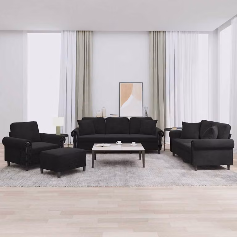 Set di Divani 4 Pezzi vidaXL in Velluto Nero con Cuscini e Ottoman per Soggiorno Moderno