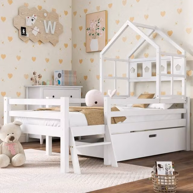Letto a casetta Mivray per bambini in legno di pino bianco con cassetto e scala L/P/H: 207 x 90 x 159 cm