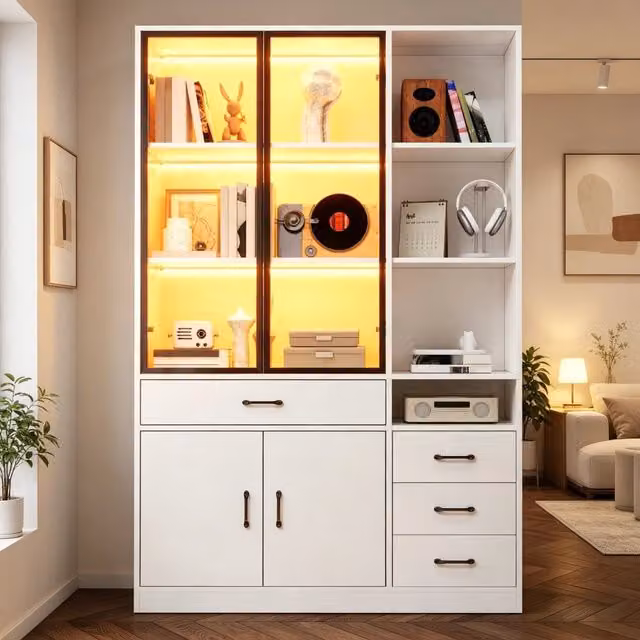 Vetrina alta WISHDOR bianca con illuminazione LED integrata, 2 ante in vetro, 4 cassetti e 13 vani, L/P/H: 120 x 35 x 200 cm