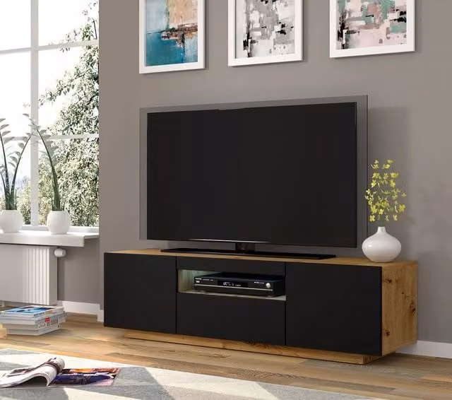 Mobile TV Stand Aura Bim Furniture con LED integrato, struttura in Rovere e frontali Nero opaco, L 150 x P 42 x H 37 cm