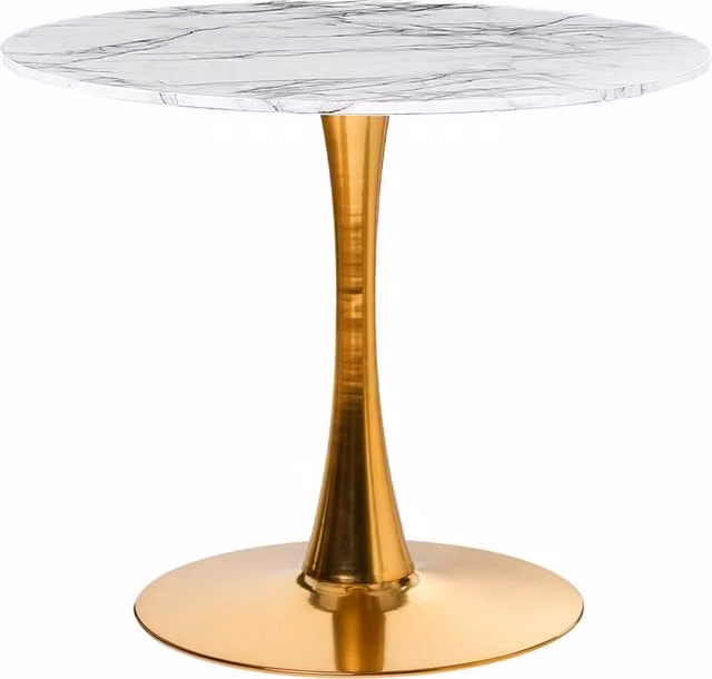 Tavolo da pranzo rotondo BELIANI con piano in MDF bianco e dettagli dorati e base in metallo, Diametro: 90 cm, Altezza: 74 cm