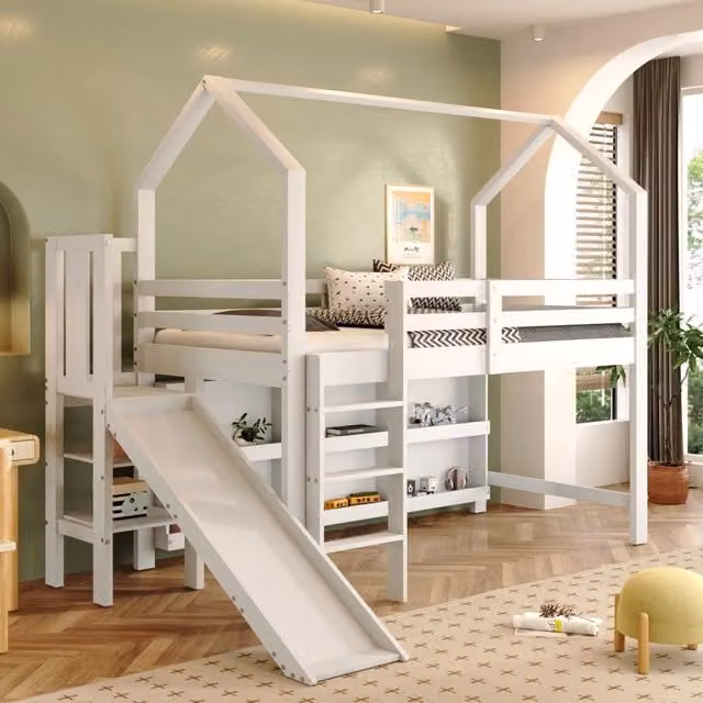 Letto singolo per bambini Mivray bianco con scala, cassetti e ripiani in legno e MDF, L/P/H: 200 x 90 x 158 cm