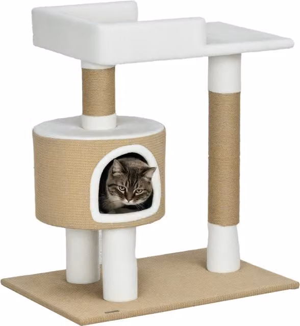 Albero tiragraffi PawHut con tana e lettiera per gatti, Naturale e Bianco, H 79 cm x L 70 cm x P 49 cm