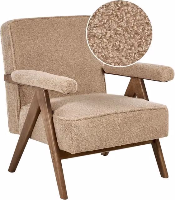 Poltrona design retro BELIANI con rivestimento in tessuto boucle beige e struttura in legno di gomma, L: 72 cm, P: 70 cm, H: 81 cm