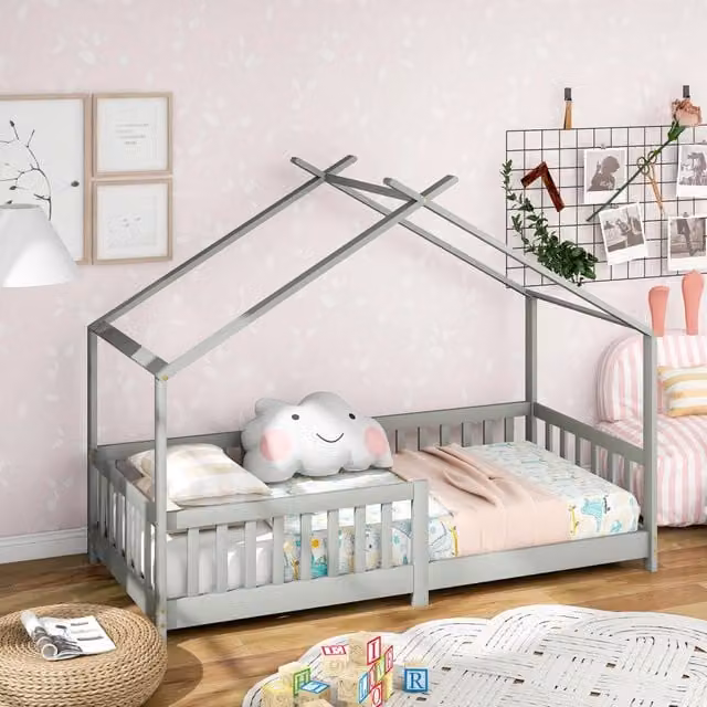 Letto a casetta singolo OKWISH in pino massiccio grigio chiaro con barriera di sicurezza, L/P/H: 205 x 90 x 158 cm