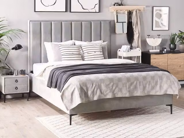 Letto Beliani in velluto grigio con contenitore e testata imbottita, L/P: 180 x 200 cm