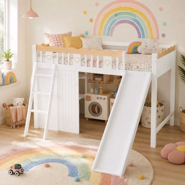 Letto a soppalco singolo per bambini in legno e MDF bianco con scivolo, scale e scomparti laterali L/P/H: 200 x 90 x 176,5 cm