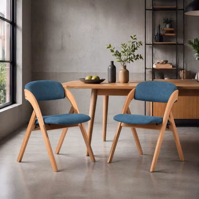 Set di 2 sedie pieghevoli Mivray in legno di faggio blu con seduta imbottita in tessuto impilabili per cucina e sala da pranzo