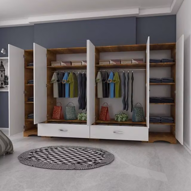 Armadio da camera da letto moderno DMORA con ante scorrevoli e cassetti integrati, finitura bianco e marrone, L: 243 cm, H: 181 cm