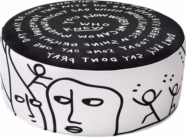 Pouf cilindrico Qeeboo Eclipse Etching con decorazione astratta in tessuto bianco e nero per il tuo soggiorno