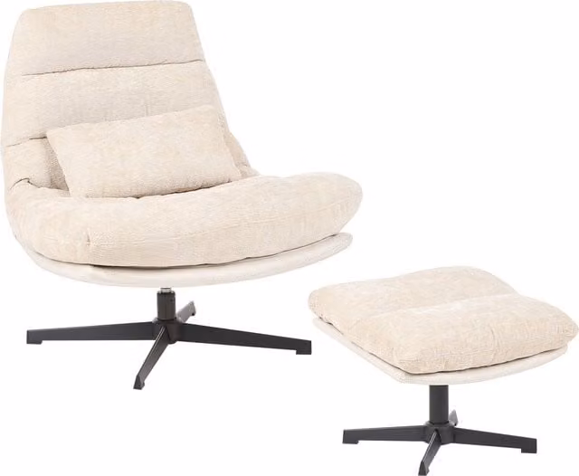 Poltrona girevole Beliani con poggiapiedi in ciniglia beige, seduta imbottita in schiuma e struttura in metallo in stile mid-century