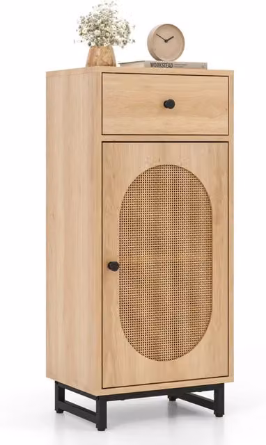 Mobiletto da terra in stile scandinavo con ante a battente e cassetto in rattan e metallo, colore beige, L: 40 cm, P: 30 cm, H: 91 cm