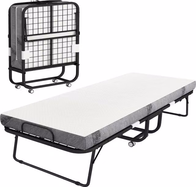 Letto Pieghevole Singolo HOMCOM con Materasso in Schiuma e Rete in Metallo, Nero, L/P: 90 x 200 cm