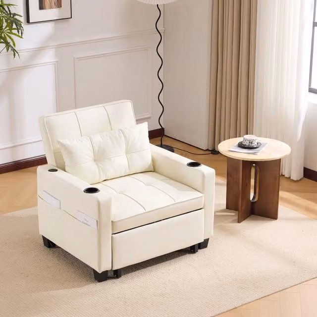 Poltrona letto singola 3 in 1 MIVRAY in similpelle bianca con schienale reclinabile e portabevande