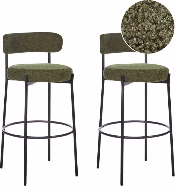Set di 2 sgabelli da bar BELIANI in tessuto bouclé verde scuro con gambe in metallo nero opaco design moderno per cucina e sala da pranzo