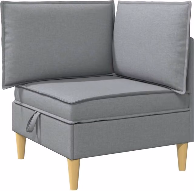 Divano da soggiorno minimalista in tessuto con struttura in legno e contenitore, grigio e marrone