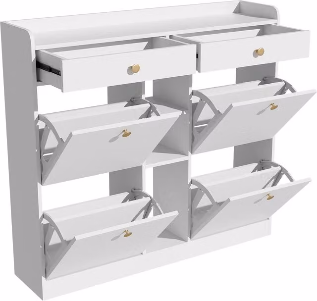 Scarpiera moderna GL Store con 4 ante a ribalta, 2 cassetti e 3 vani aperti, Bianco opaco, L: 110 cm, P: 26 cm, H: 100 cm