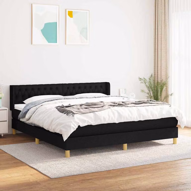 vidaXL Letto Ibrido con Materasso e Giroletto a Molle in Tessuto Nero, L/P/H: 183 x 203 x 88 cm