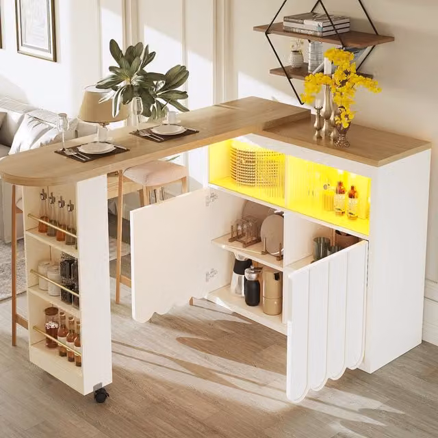 Tavolo Bar Mobile Estensibile REDOM in MDF e Vetro Bianco con Ruote