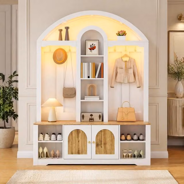 Guardaroba da angolo moderno per ingresso e camera con ante, ripiani, ganci e illuminazione integrata, bianco e marrone, L: 150 cm, P: 40 cm, H: 195 cm