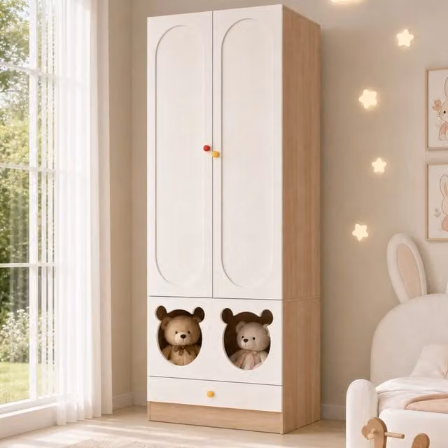 Armadio per camerata REDOM in MDF con cassetti integrati, Bianco e Beige, L: 80 cm, P: 50 cm, H: 200 cm