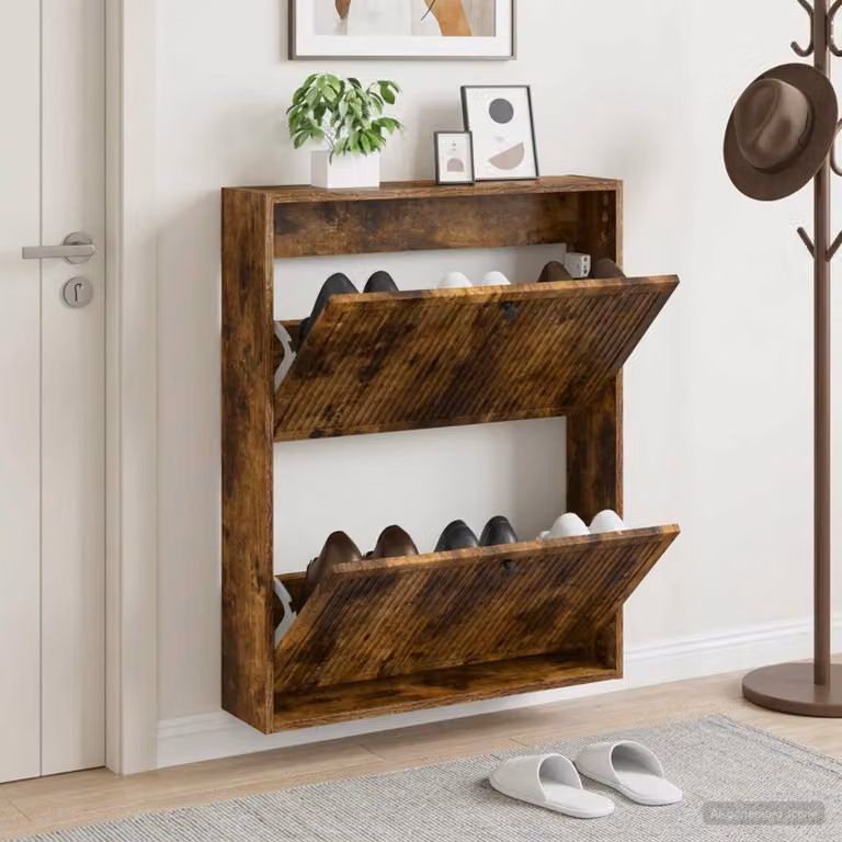 vidaXL Mobiletto per Scarpe da Muro Moderno in Rovere Fumo, L: 71 cm, P: 17 cm, H: 86 cm
