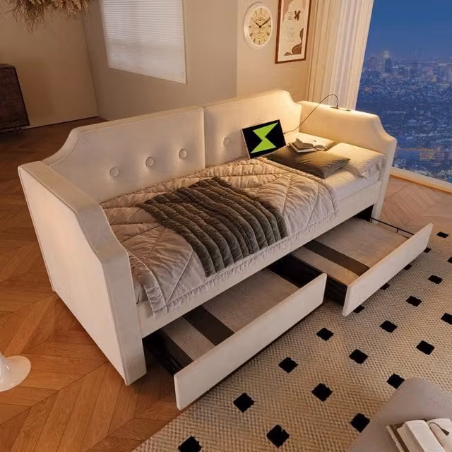 Letto imbottito Minimal beige in velluto con cassetti, rete a doghe in legno, illuminazione LED e porta USB, 90x200 cm