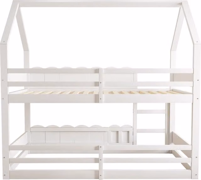 Letto a castello per bambini Chicfurn con design a casetta, barriere di sicurezza e porta pieghevole, colore bianco, L/P/H: 200 x 90 x 181,5 cm