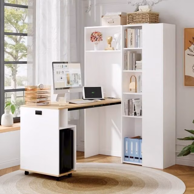 Scrivania pieghevole 2 in 1 con libreria REDOM in MDF bianco, L: 104,5 cm, P: 30,5 cm, H: 160 cm