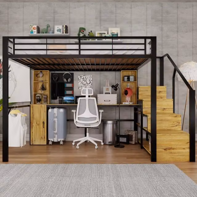 Letto a soppalco Mivray nero con scrivania, armadio, scala contenitore e porta USB in metallo e MDF, L/P: 140 x 200 cm