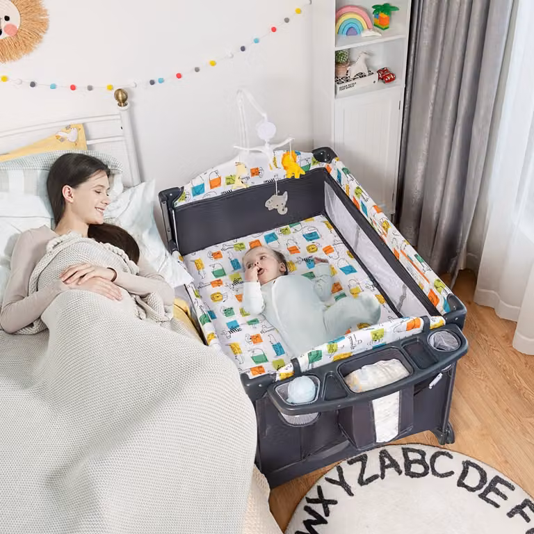 Culla portatile 5 in 1 Costway per bambini con tavolino per pannolini e borsa per giocattoli, Grigio