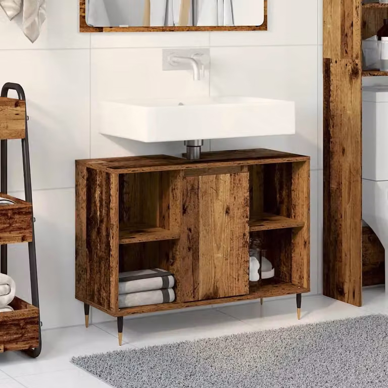 Mobile da bagno vidaXL in legno effetto vecchio marrone con specchio e ripiani interni, L 80 x P 33 x H 60 cm