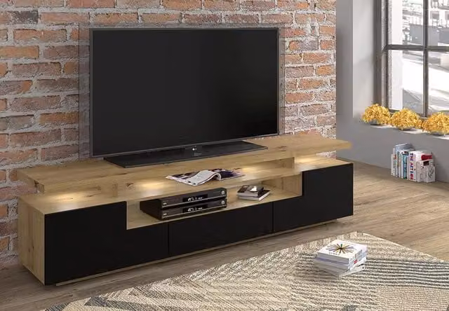 Mobile TV EVA Bim Furniture con LED integrati, Rovere e frontali Nero opaco, L 180 x P 42 x H 51 cm