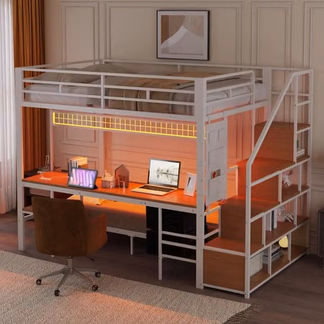 Letto a castello MIVRAY bianco con scrivania, scala con gradini, luci LED e porte USB per cameretta, L/P/H: 247 x 140 x 170 cm