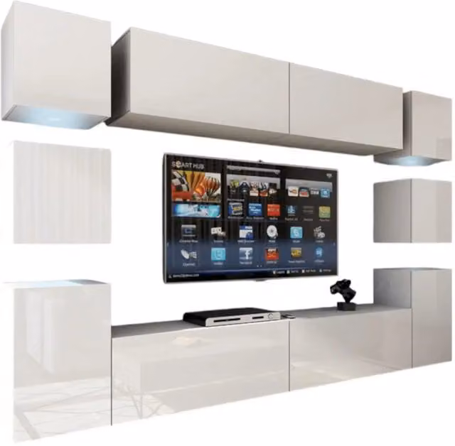 Set di mobili da soggiorno sospesi Meublorama collezione CEPTO XIV bianchi e multicolore con illuminazione LED integrata, L: 256 cm