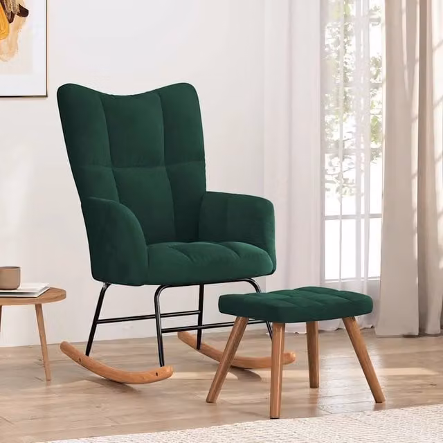 Poltrona a dondolo relax con poggiapiedi in velluto verde scuro e struttura mista moderna