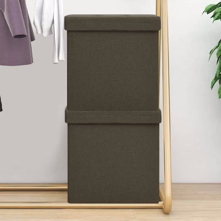 Set di 2 Pouf con Contenitore vidaXL Cubo, Marrone, in Simil Lino con Rivestimento Rimovibile
