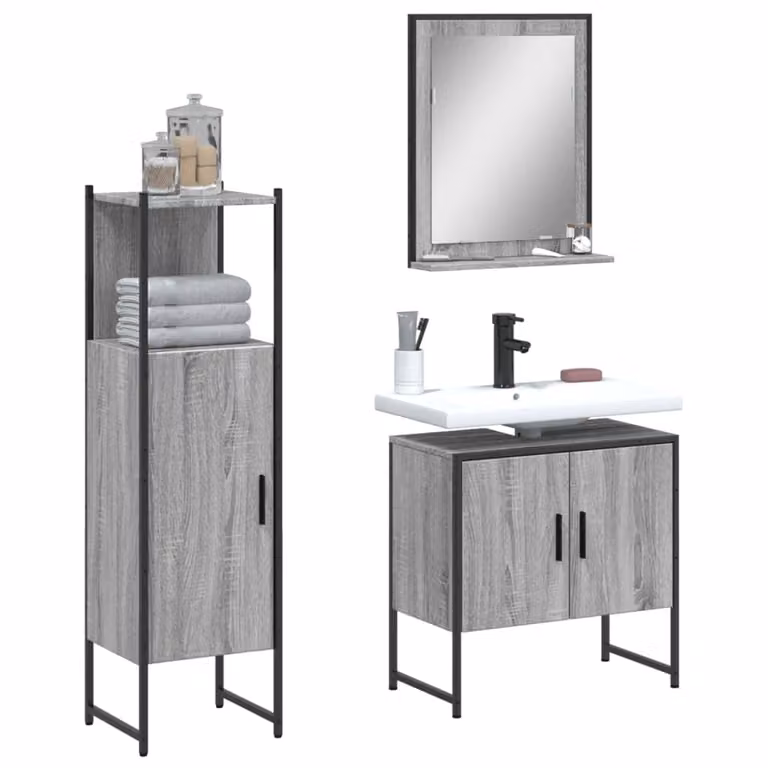 Set di mobili da bagno vidaXL composto da 3 pezzi in legno e metallo, colore grigio, con vanità, pensile e mobile laterale