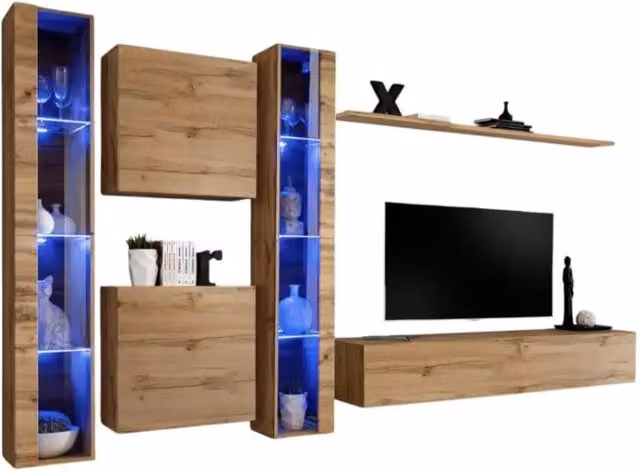 Composizione murale Meublorama SWITCH XVI in Rovere Wotan con mobile TV, vetrine LED e mensole, design moderno per soggiorno