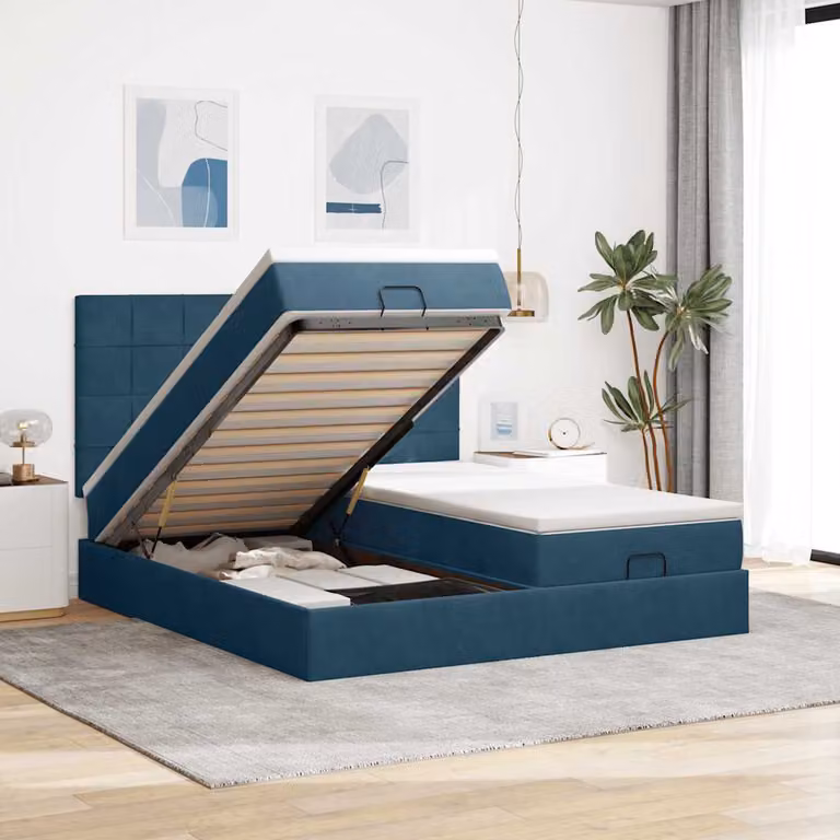 Letto con Pouf e Materasso vidaXL in Velluto Blu e Bianco, L/P/H: 200 x 200 x 128 cm