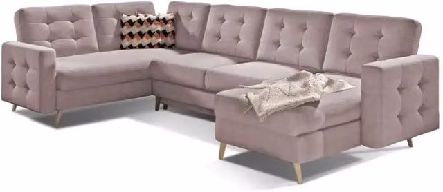Divano angolare panoramico reversibile HASGARD MEUBLORAMA rosa con contenitore e funzione letto, L: 326 cm