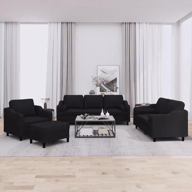 Set di Divani Moderno vidaXL in Tessuto Nero con Funzione Letto e Ottoman, Composto da Divano a 3 Posti, Divano a 2 Posti e Pouf con Cuscini