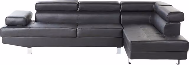 Divano ad angolo BELIANI in ecopelle nera con poggiatesta regolabile e struttura in metallo, L/P/H: 262 x 169 x 85 cm