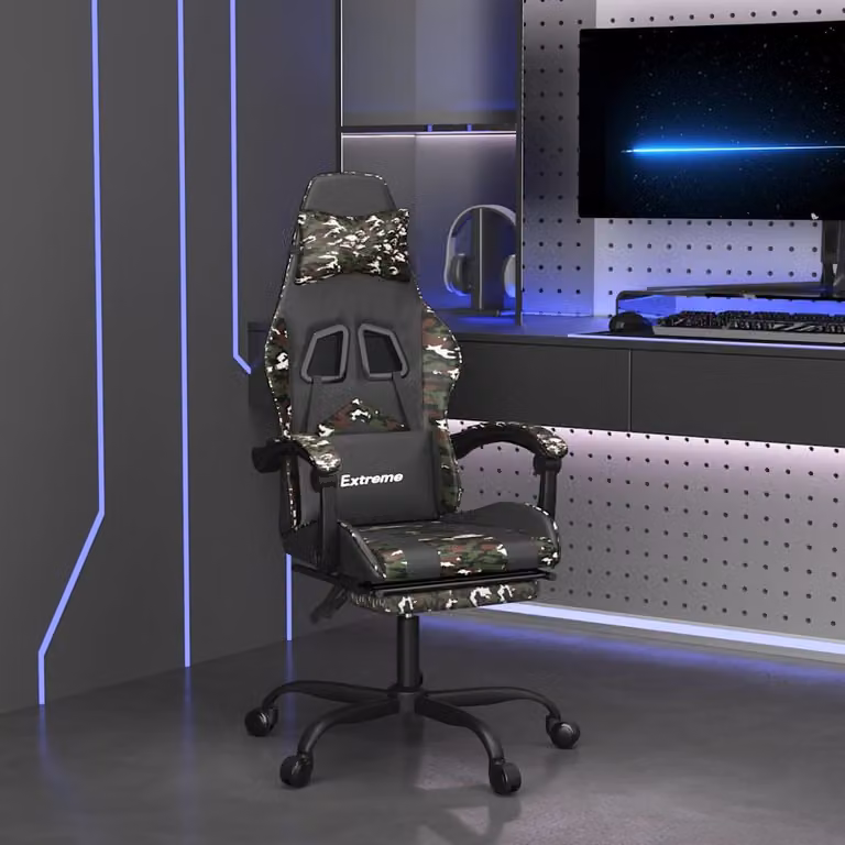 Sedia da Gaming Girevole vidaXL in Similpelle Nero e Verde Mimetico con Poggiapiedi e Braccioli