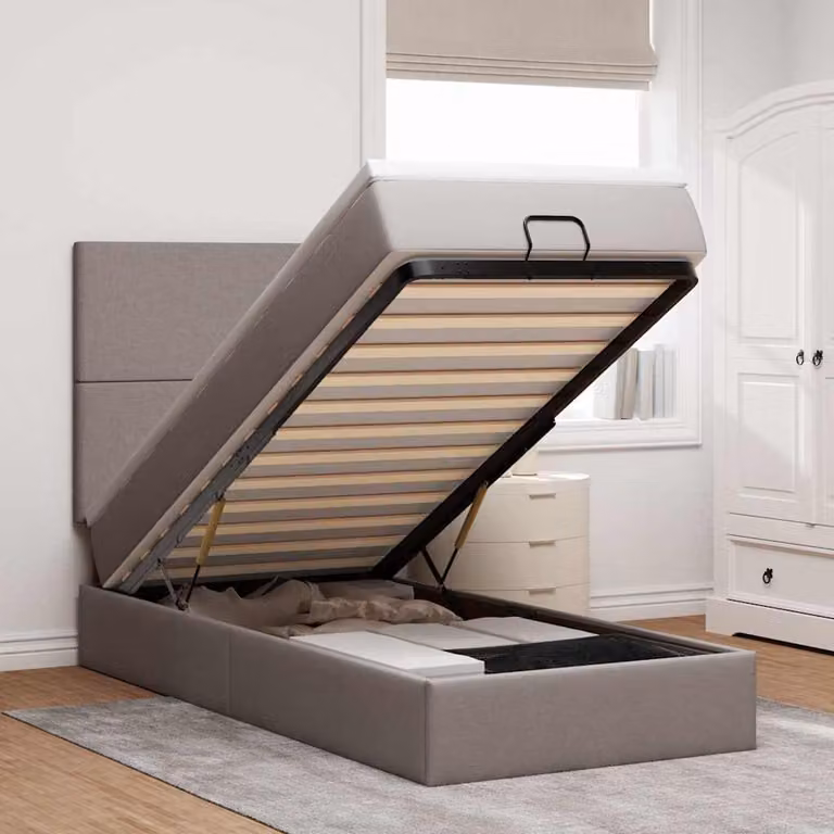 Letto con Pouf e Materasso vidaXL in Tessuto, Colore Grigio/Beige, L/P/H: 90 x 190 x 128 cm con Base a Sollevamento, Illuminazione Sotto il Letto e Porte USB
