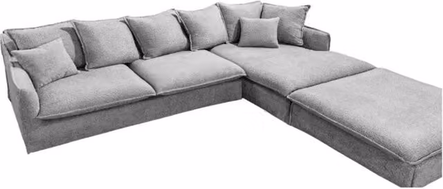 Divano ad angolo Meublorama KALIA in tessuto bouclé grigio con pouf e poggiatesta regolabile, angolo destro, L: 255 cm x P: 80 cm x H: 95 cm